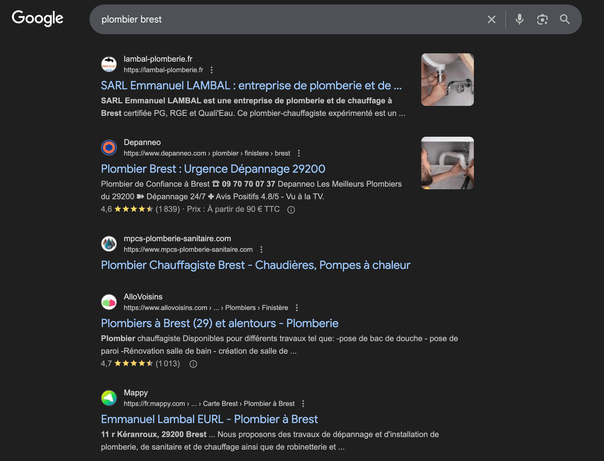 Capture d'ecran de la serp avec resultat organique pour le mot cle "plombier brest"