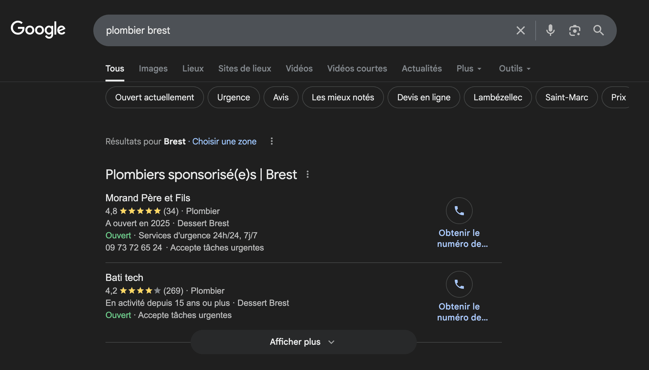 Capture d'ecran de la serp avec resultat payant pour le mot cle "plombier brest"
